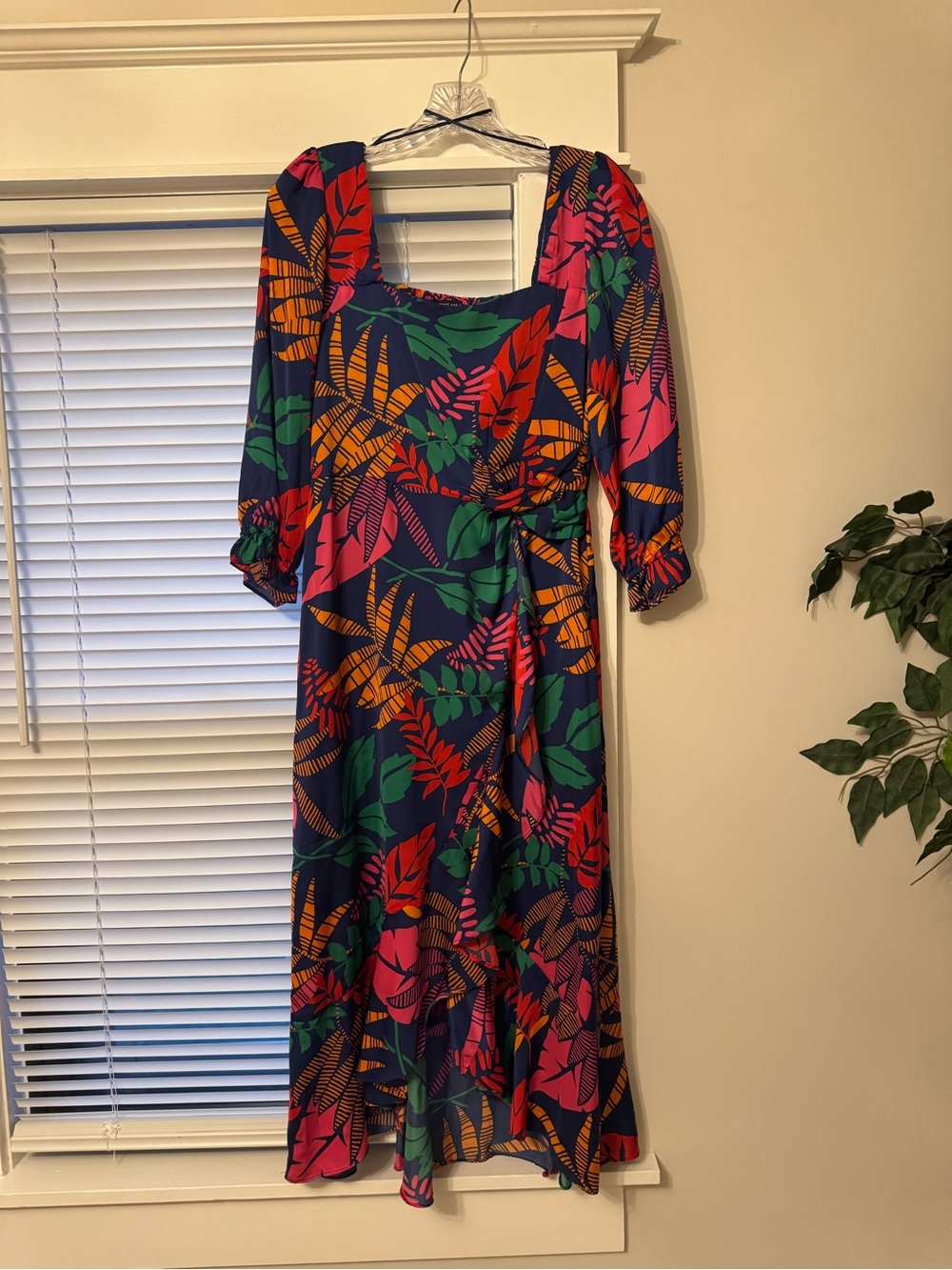 Skies Are Blue Navy Midi Dress with Pink, Green & Orange Tropical Print
